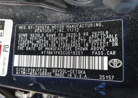 2012 Toyota Camry Se V6 из США, поврежденный, VIN 4T1BK1FK5CU019251